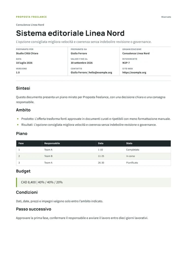 Rendered Freelance Proposal PDF with brief, deliverables, process, fee, and acceptance