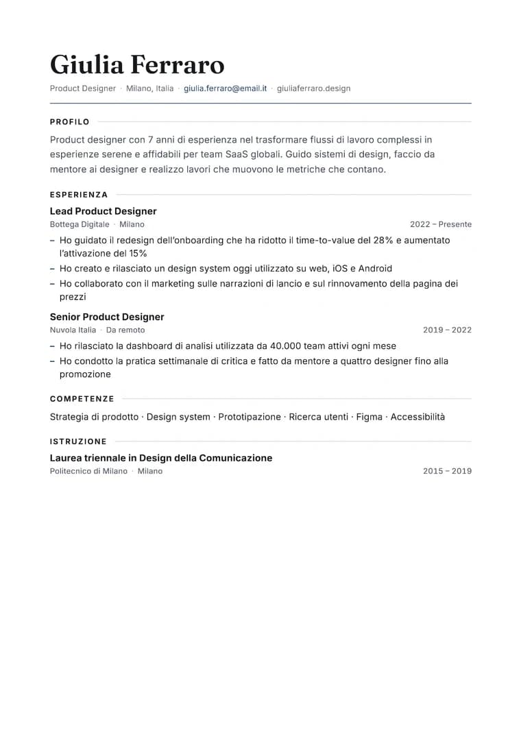 Rendered Modern Editorial resume PDF with refined serif hierarchy
