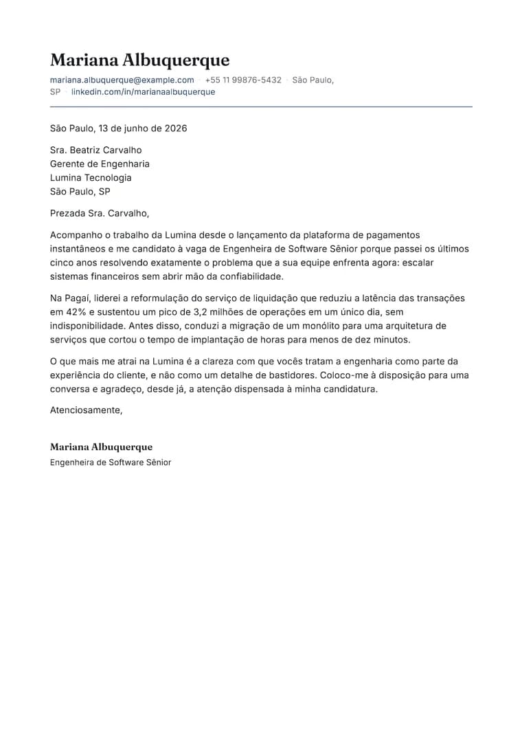 Rendered Modern Letterhead cover letter PDF with editorial typography and signed closing