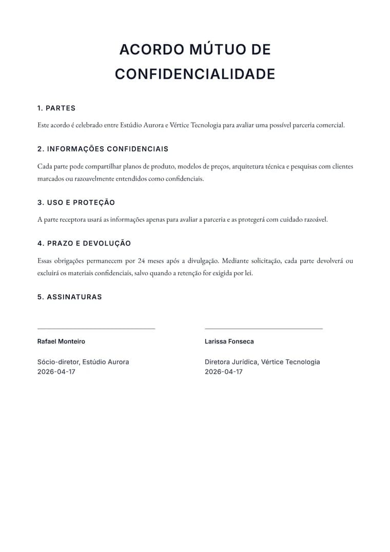 Rendered Legal PDF preview with numbered contract sections and signature blocks
