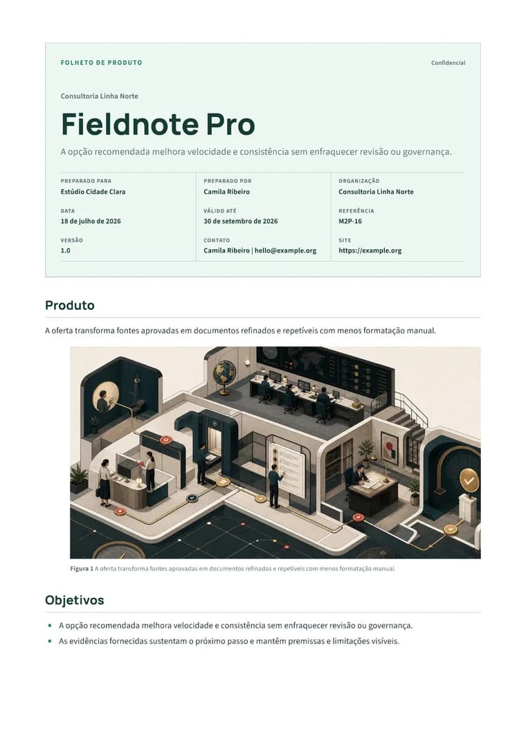 Rendered Product Brochure PDF with benefits, visual feature story, specifications, and call to action