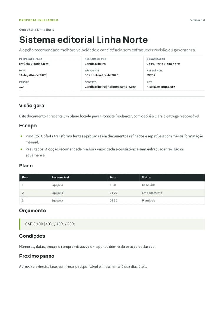 Rendered Freelance Proposal PDF with brief, deliverables, process, fee, and acceptance