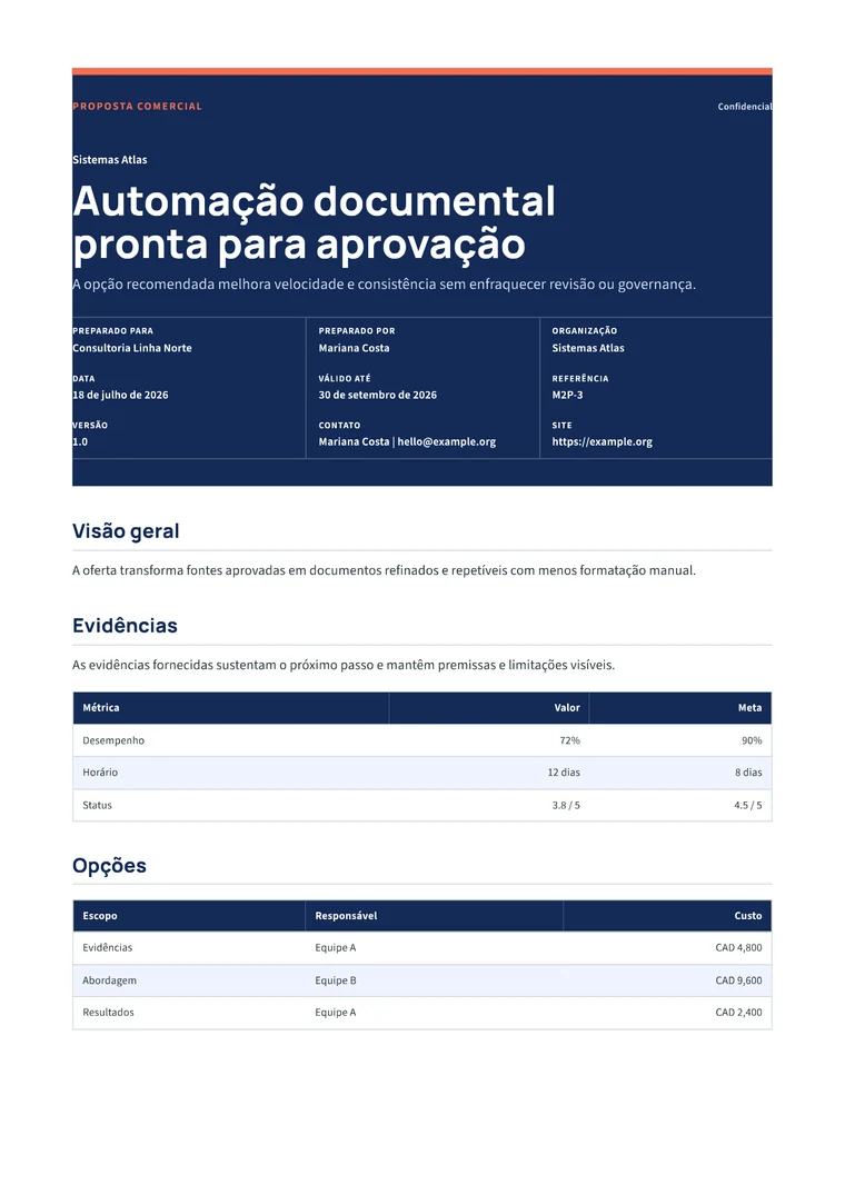 Rendered Sales Proposal PDF with value case, packages, ROI, and next steps