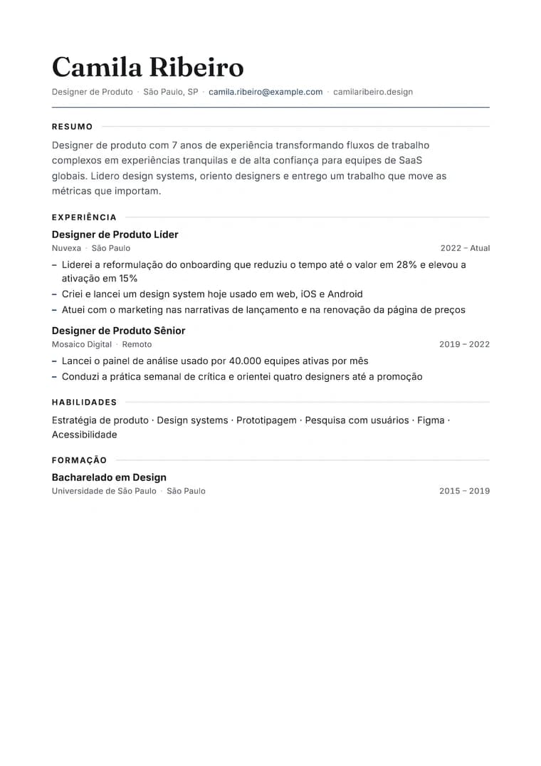 Rendered Modern Editorial resume PDF with refined serif hierarchy