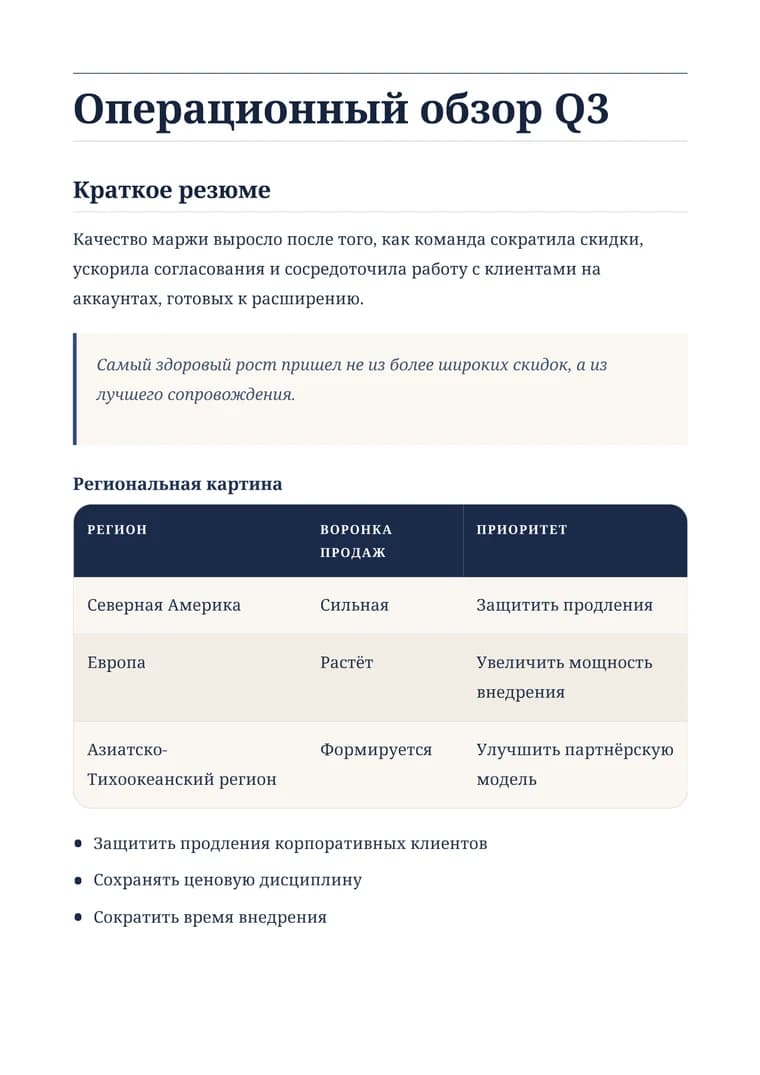 Rendered Executive PDF preview with operating review, pull quote, table, and bullets