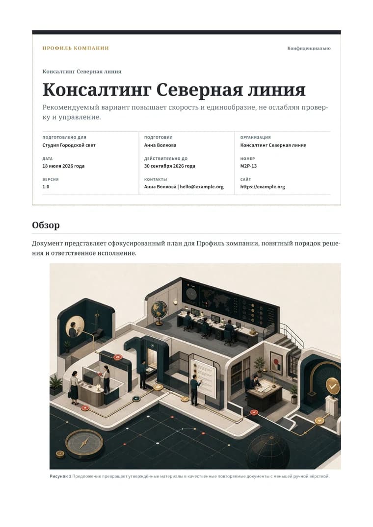 Rendered Company Profile PDF with mission, capabilities, sectors, leadership, and contact details