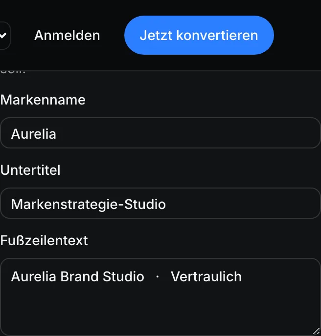 Das Branding-Vorlagen-Inspektor-Panel mit Feldern für Markenname, Untertitel und Fußzeilentext.
