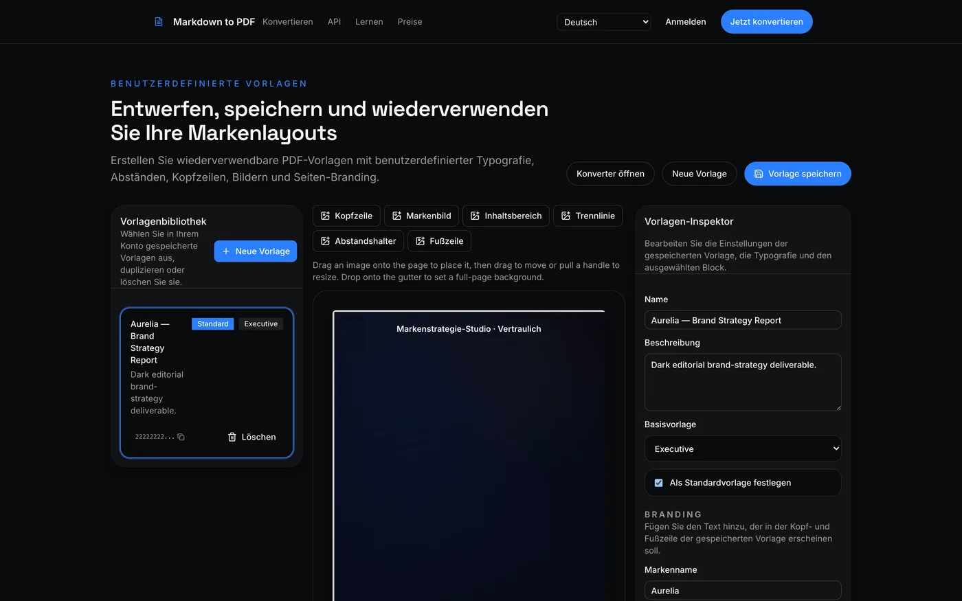 Der Custom Template Builder: Vorlagenbibliothek links, Layout-Editor in der Mitte und der Vorlagen-Inspektor rechts.