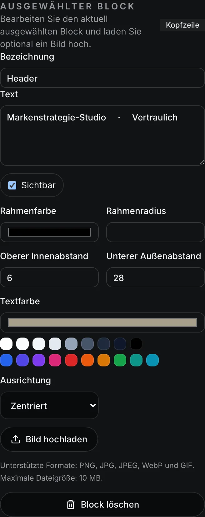 Das Panel 'Ausgewählter Block' für die Kopfzeile zeigt die neuen Textfarbe-Felder und eine Steuerung für die Ausrichtung Zentriert.