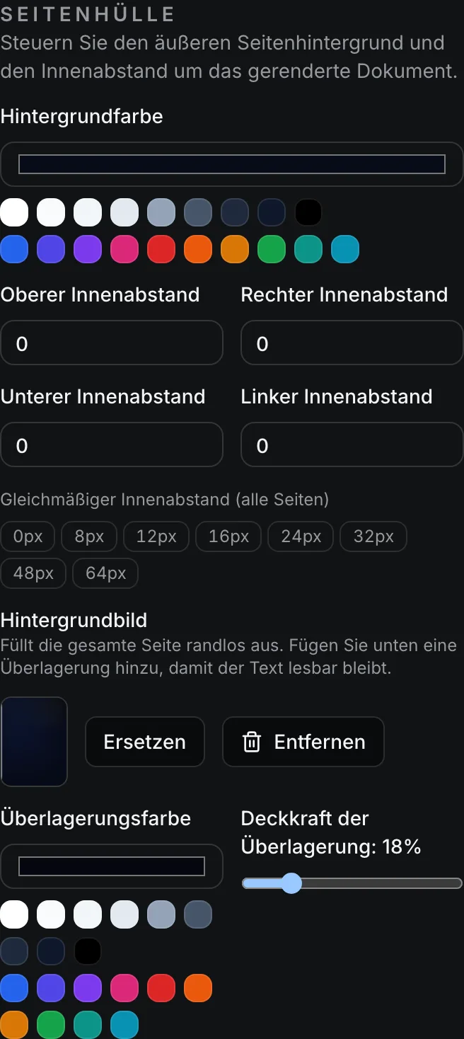Das Seitenhülle-Vorlagen-Inspektor-Panel zeigt ein dunkles Hintergrundbild mit einer Ersetzen/Entfernen-Steuerung und einem Deckkraft der Überlagerung-Regler auf 18%.