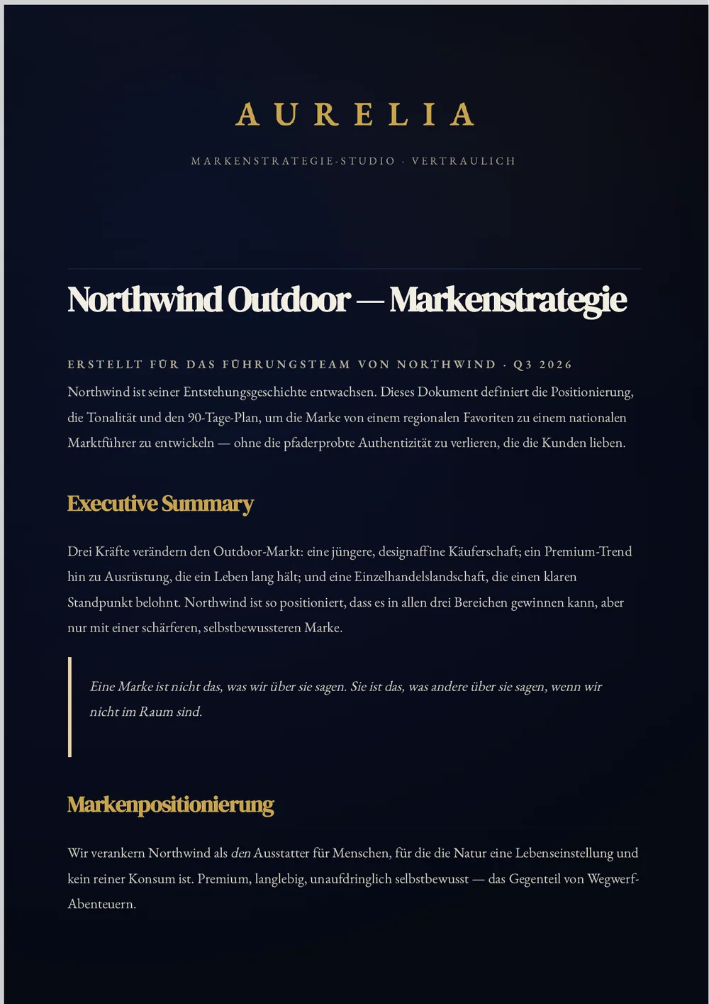 Ein fertiger Aurelia-Markenstrategie-Bericht: eine tiefblaue, randlose Seite mit einer goldenen AURELIA-Wortmarke, serifenbetonten Überschriften und cremefarbenem Fließtext.