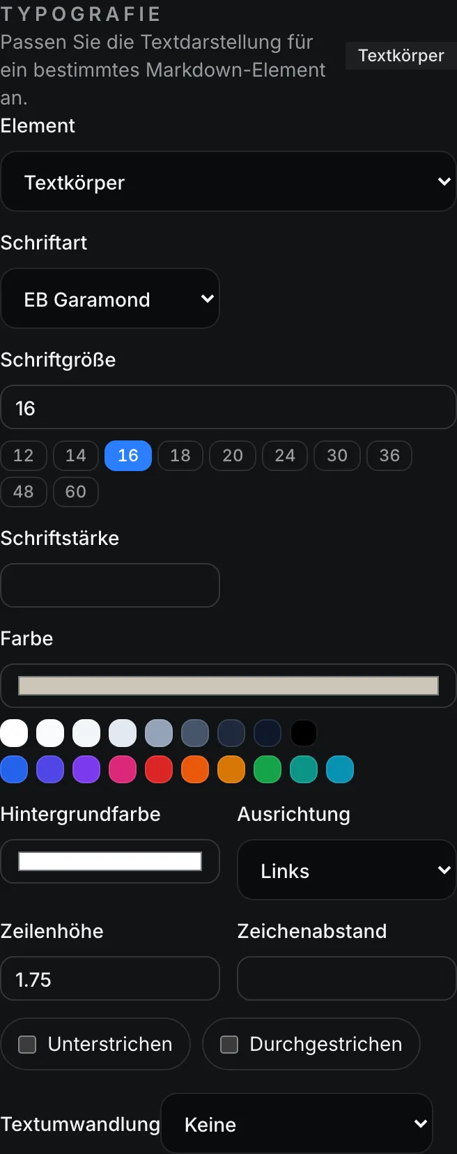 Das Typografie-Vorlagen-Inspektor-Panel mit Steuerungen für Element, Schriftart, Schriftgröße, Schriftstärke, Farbe und Ausrichtung.