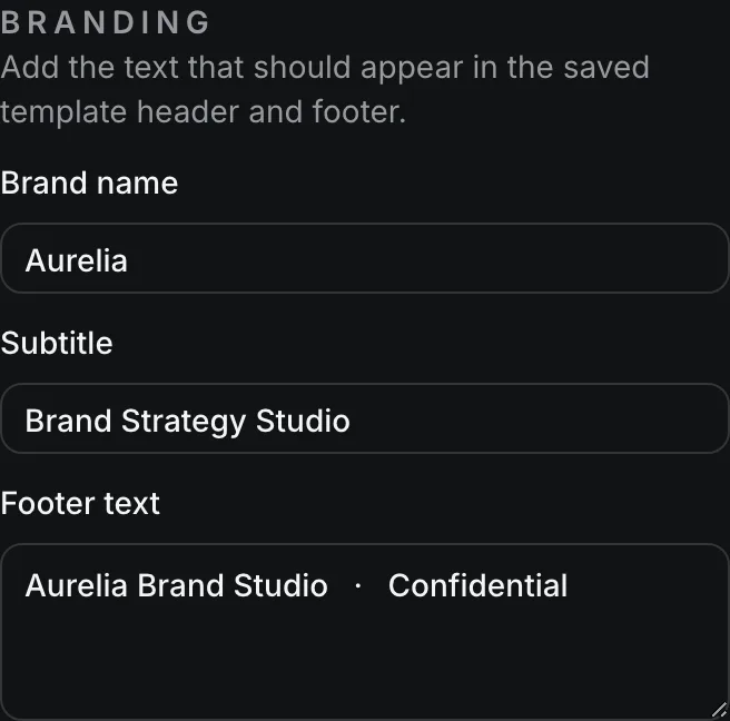 The Branding inspector panel with brand name, subtitle, and footer text fields.