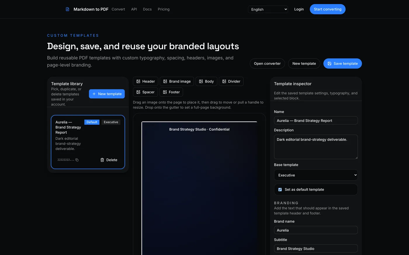 The custom template builder: template library on the left, page canvas in the centre, and the inspector on the right.