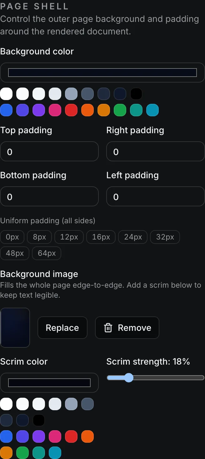 The Page shell inspector panel showing a dark background image with a Replace/Remove control and a Scrim strength slider set to 18%.