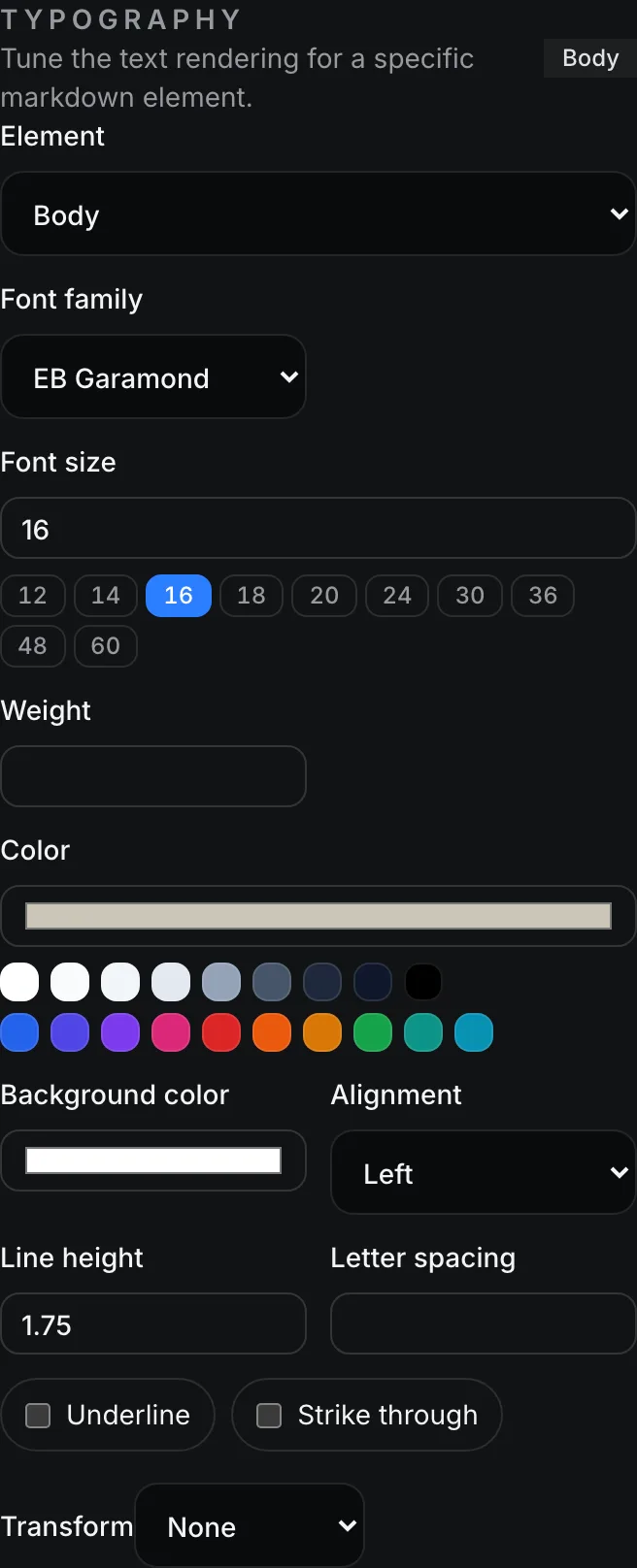The Typography inspector panel with element, font family, size, weight, color, and alignment controls.