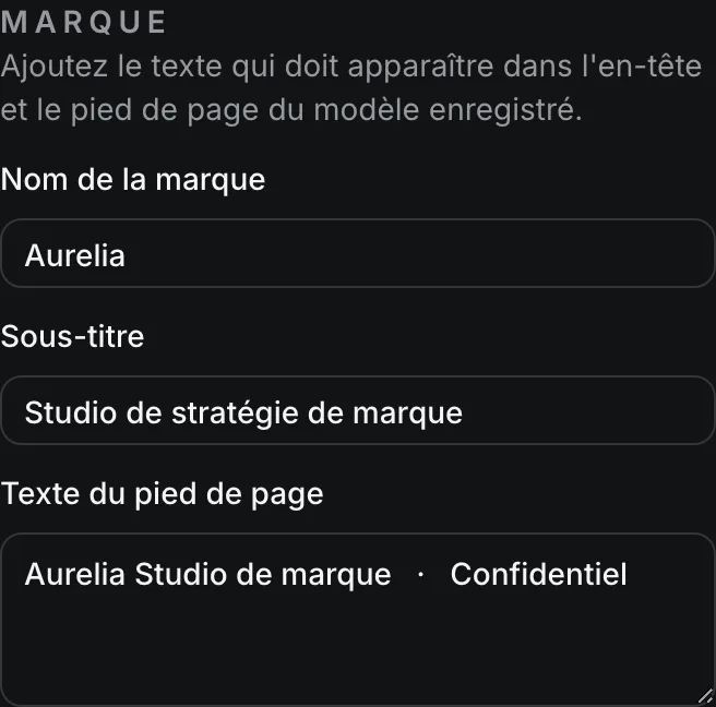Le panneau de l'Inspecteur de modèle Marque avec les champs Nom de la marque, Sous-titre et Texte du pied de page.