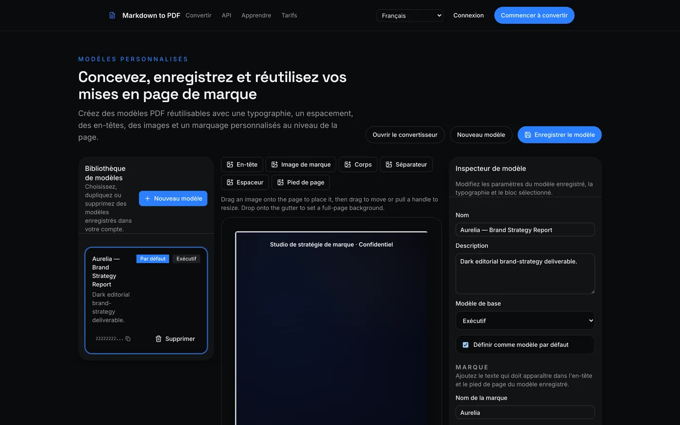 Le Constructeur de modèles personnalisés : Bibliothèque de modèles à gauche, Constructeur de mise en page au centre et Inspecteur de modèle à droite.