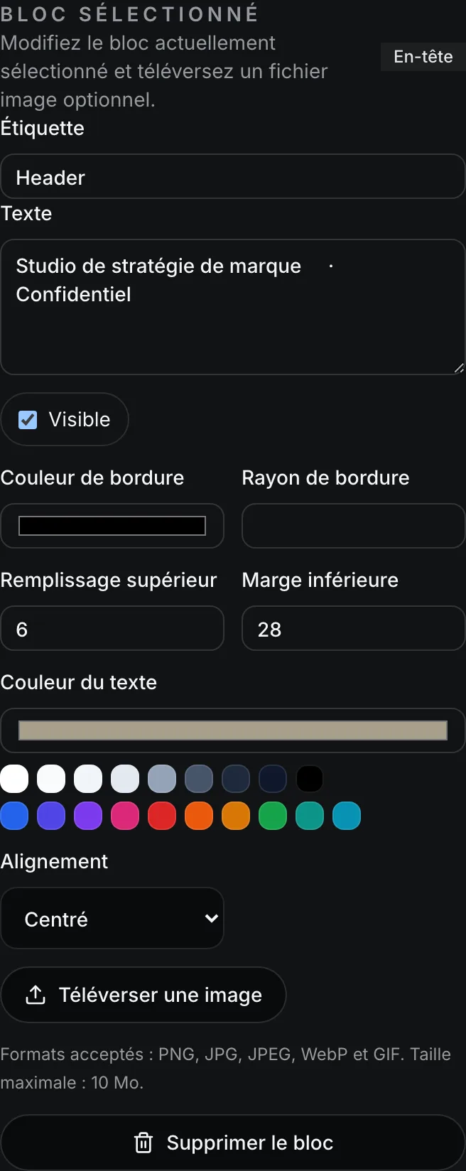Le panneau Bloc sélectionné pour l'En-tête, montrant les nouveaux échantillons de Couleur du texte et un contrôle d'Alignement Centré.