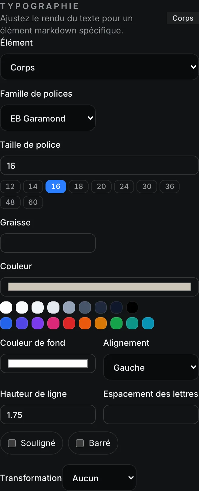 Le panneau de l'Inspecteur de modèle Typographie avec les contrôles d'Élément, de Famille de polices, de Taille de police, de Graisse, de Couleur et d'Alignement.