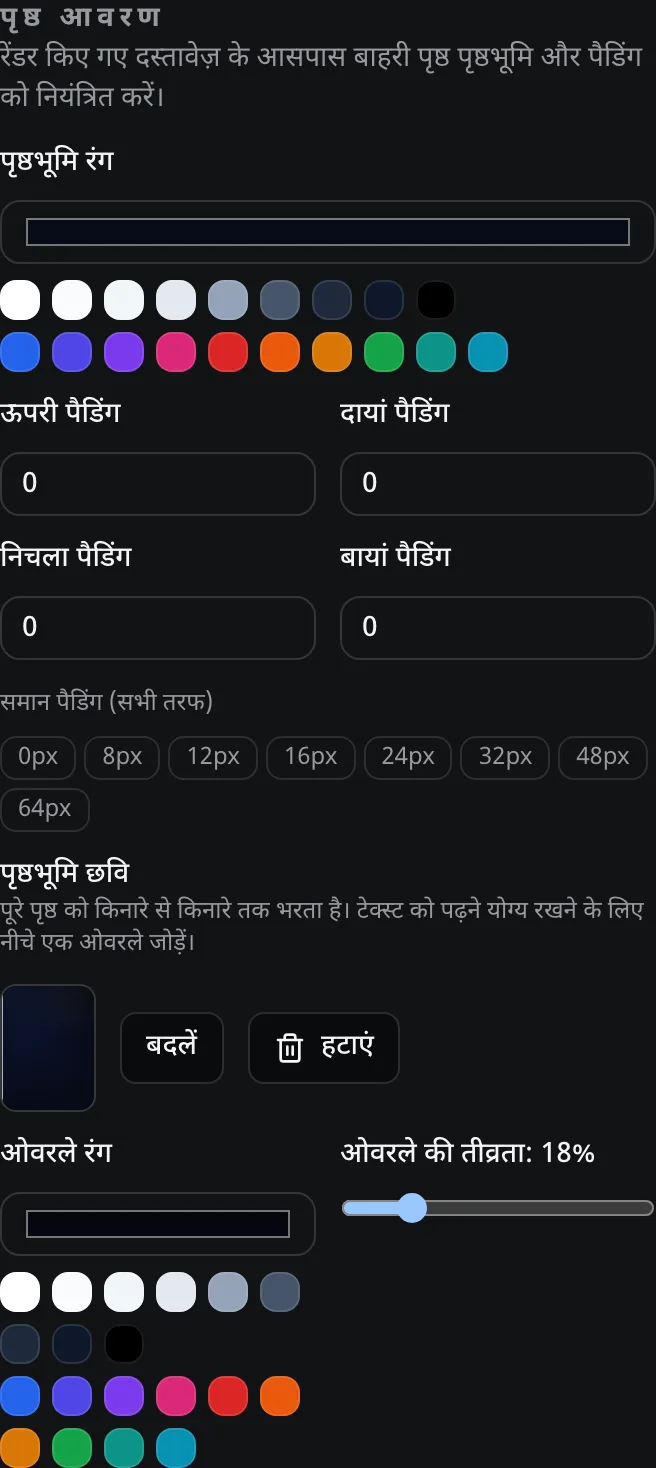 पृष्ठ आवरण टेम्पलेट निरीक्षक पैनल एक डार्क पृष्ठभूमि छवि दिखा रहा है जिसमें बदलें/हटाएं कंट्रोल और 18% पर सेट एक ओवरले की तीव्रता स्लाइडर है।