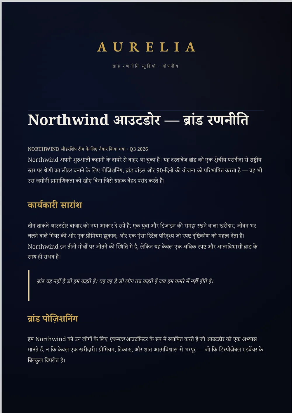 एक तैयार Aurelia ब्रांड-रणनीति रिपोर्ट: एक डीप नेवी फुल-ब्लीड पेज जिसमें एक गोल्ड AURELIA वर्डमार्क, सेरिफ़ हेडिंग्स और एक क्रीम बॉडी है।