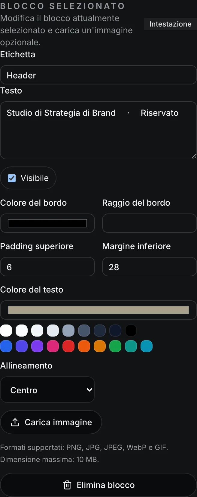 Il pannello Blocco selezionato per l'Intestazione, che mostra i nuovi campioni di Colore del testo e un controllo di Allineamento al Centro.