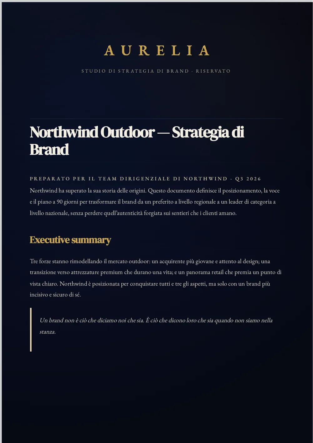 Un report di strategia di marca Aurelia finito: una pagina blu scuro a pagina intera con un wordmark AURELIA dorato, intestazioni serif e corpo del testo color crema.