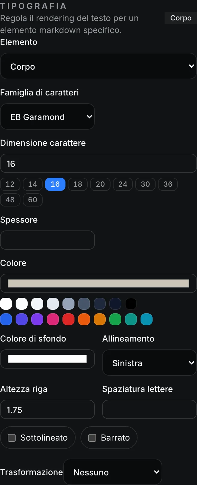 Il pannello dell'Ispettore modello Tipografia con controlli per Elemento, Famiglia di caratteri, Dimensione carattere, Spessore, Colore e Allineamento.