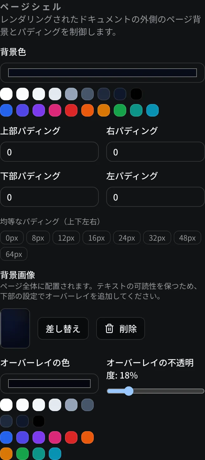 暗い背景画像と差し替え/削除コントロール、18%に設定されたオーバーレイの不透明度スライダーを表示するページシェルテンプレートインスペクターパネル。