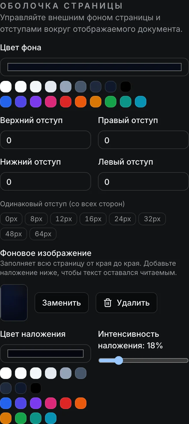 Панель Инспектор шаблона, раздел Оболочка страницы, показывающая темное Фоновое изображение с элементами управления Заменить/Удалить и ползунком Интенсивность наложения, установленным на 18%.