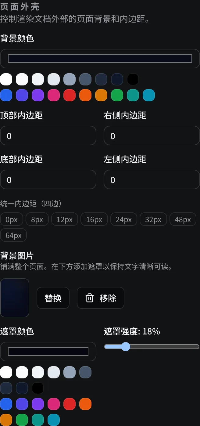 页面外壳 模板检查器面板，显示深色背景图片、替换/移除控件以及设置为 18% 的遮罩强度滑块。