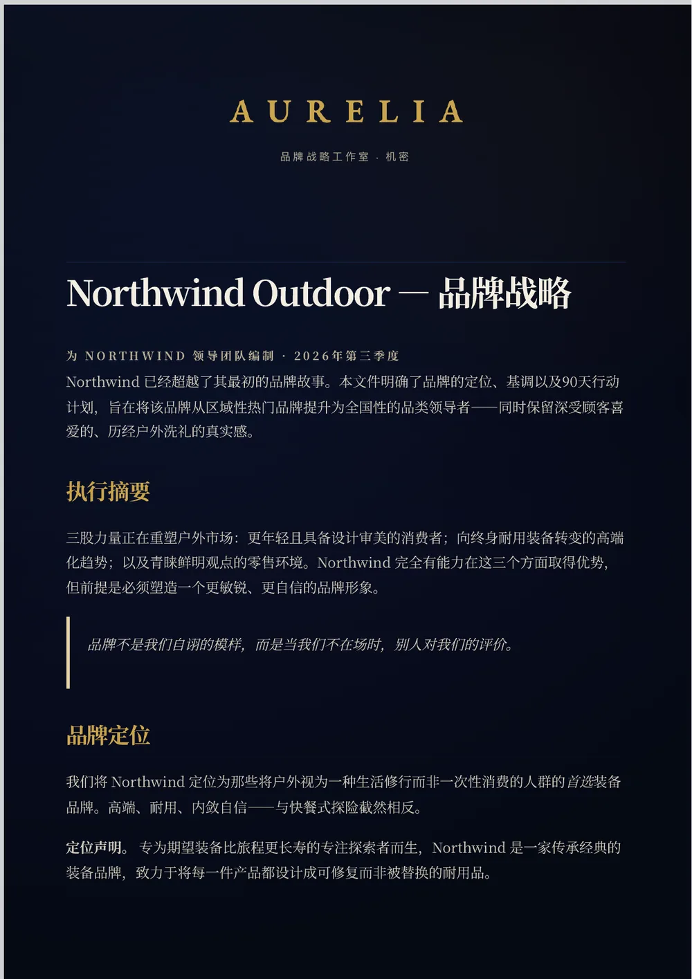 完成的 Aurelia 品牌战略报告：深海军蓝全出血页面，带有金色的 AURELIA 文字商标、衬线标题和奶油色正文。